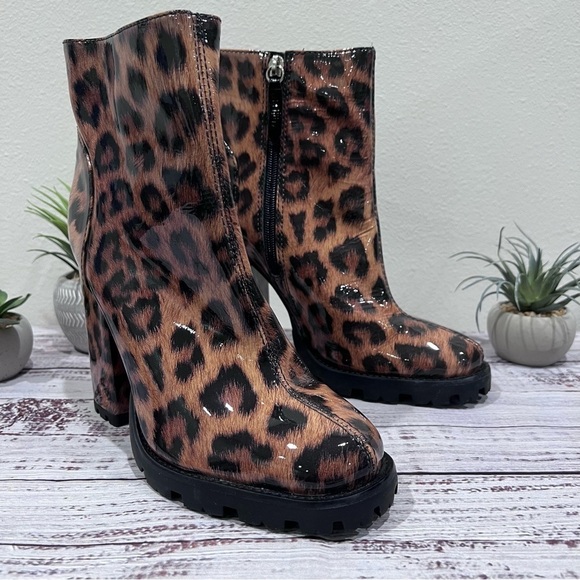 Schutz Animal Print Leopard Patent Leather Bootie with Lug Sole - Picture 2 of 9